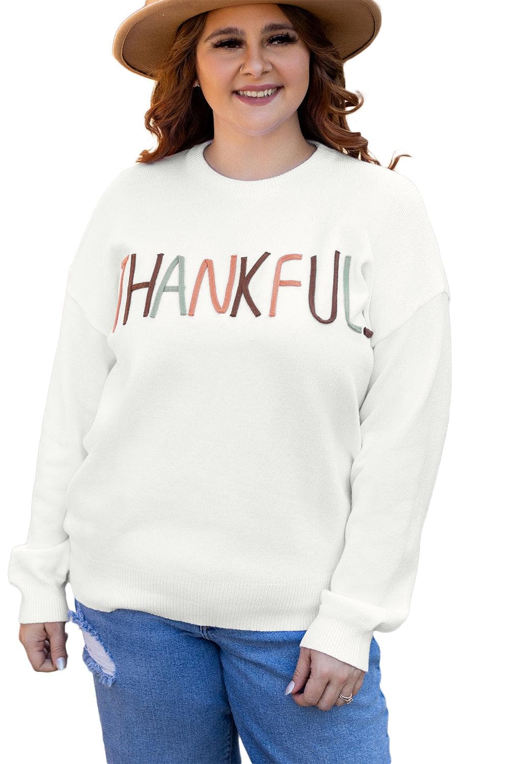 Plus Size/Plus Size Sweaters & Cardigans White Plus Size Thankful Ivory Embroidered Sweater