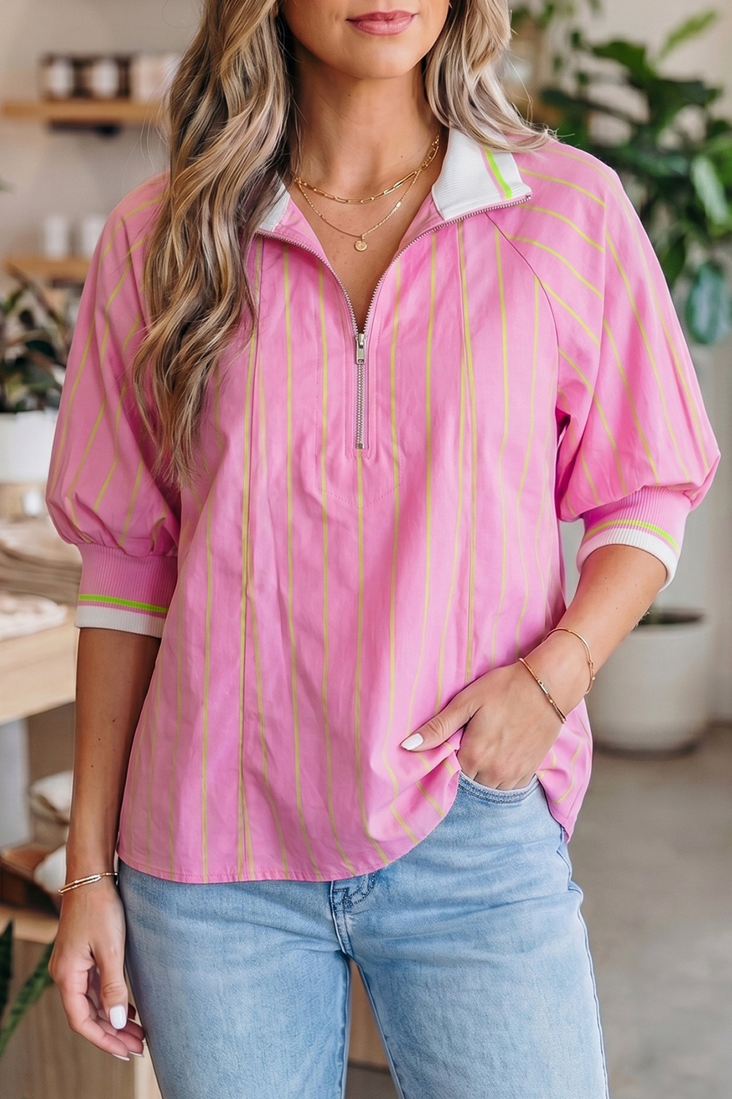 Pink Stripe Striped V-Neck Half Sleeve Zipper Ribbed Cuff Casual Shift Blouse