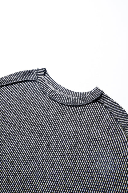 Black Twist Ribbed Exposed Seam Detail Long Sleeve Loose Top