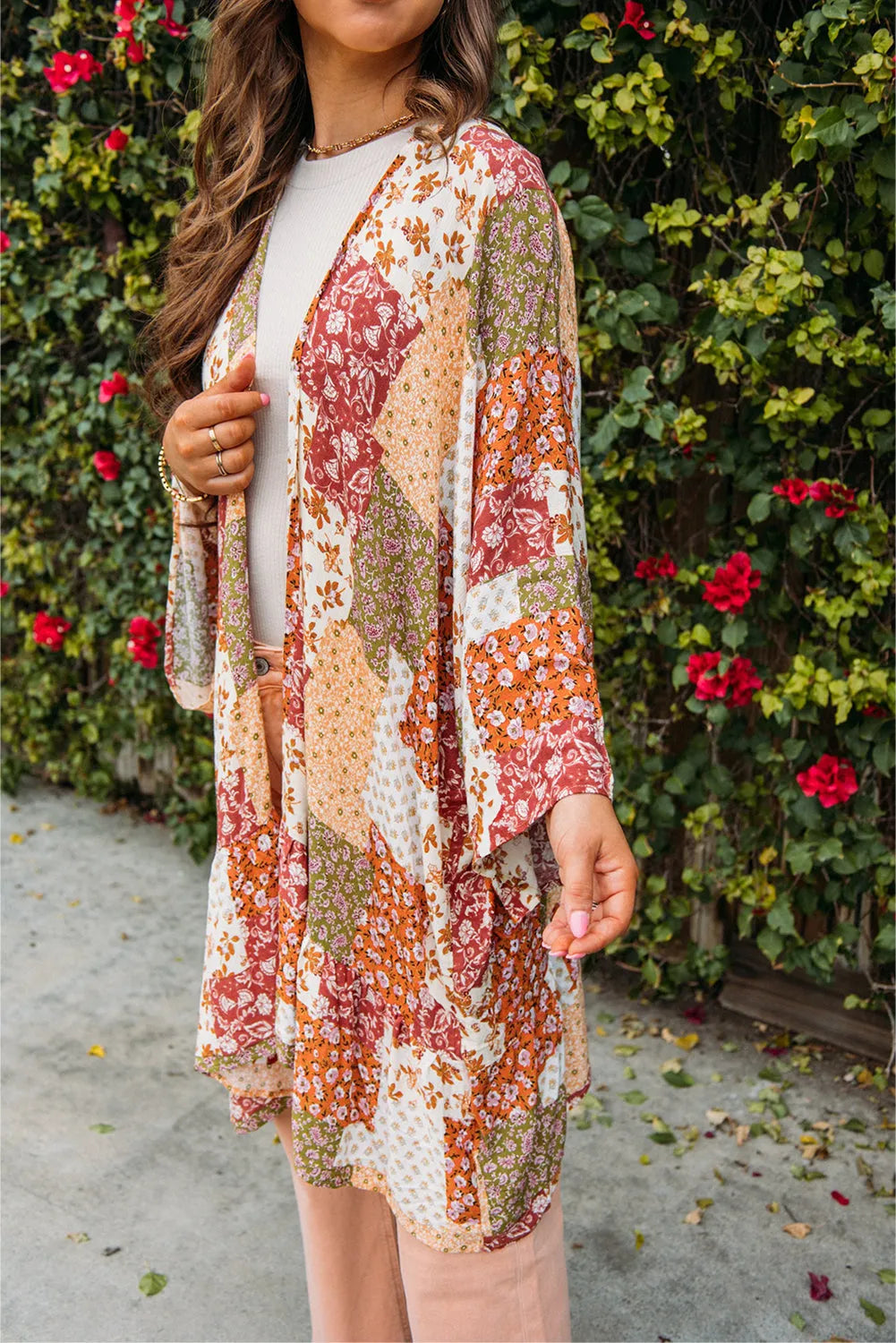 White Boho Patchwork Floral Open Front Kimono - Chic Meadow Boutique 