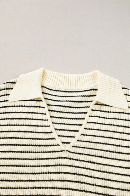 Beige Stripe Turn-down V Neck Sweater Tank Top - Chic Meadow Boutique 