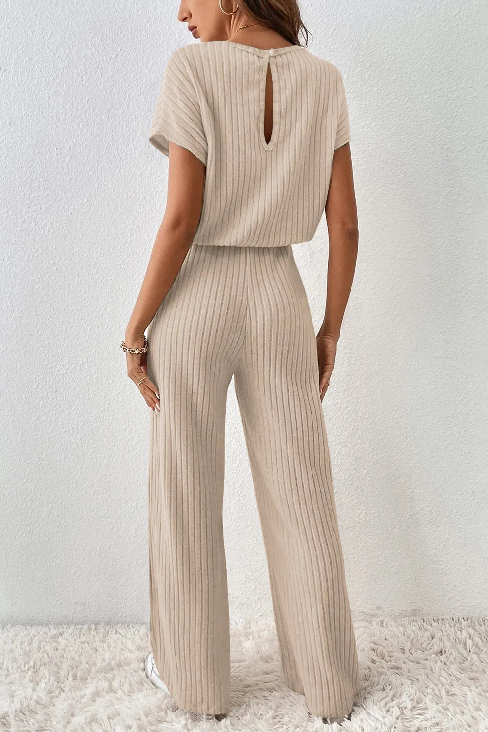 Parchment Solid Color Ribbed Short Sleeve Wide Leg Jumpsuit - Chic Meadow Boutique 