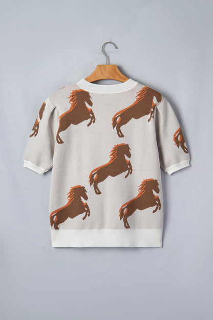 White Western Horse Printed Short Puff Sleeve Sweater