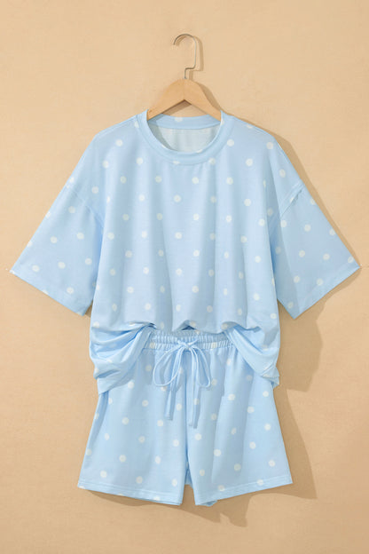 Sky Blue Exposed Seam Detail Polka Dot Loose Tee Drawstring Shorts Set