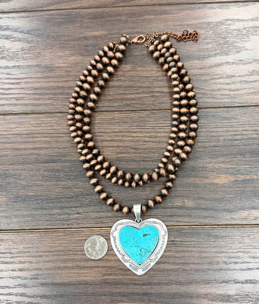 739698, 18" Handmade Copper Navajo Heart Turquoise Necklace