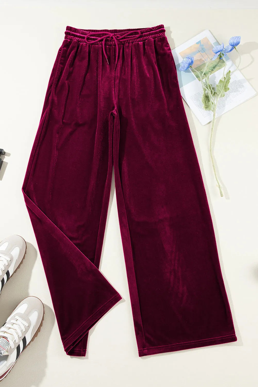 Burgundy Solid Drawstring Waist Wide Leg Pants - Chic Meadow Boutique 