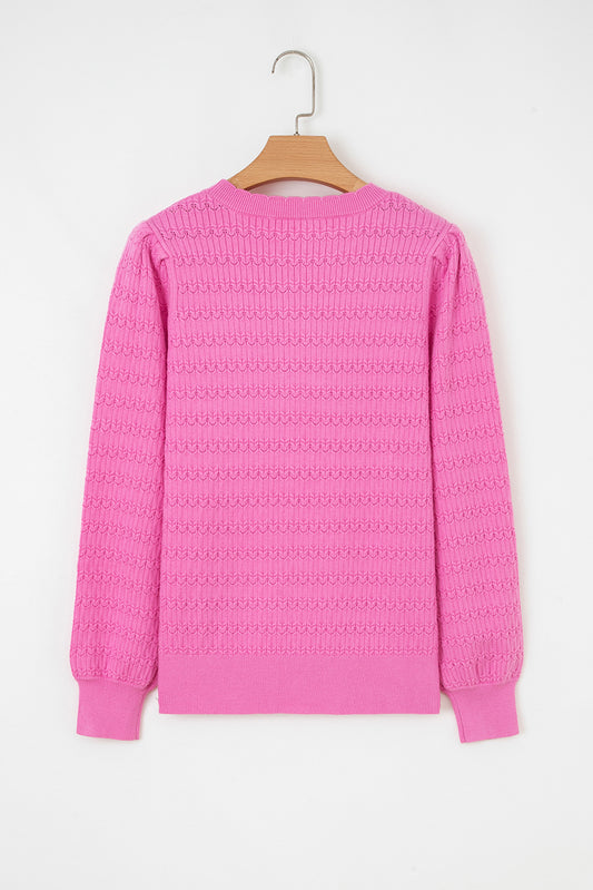 Bright Pink Trendy Pattern Knit Ribbed Cuffs Crew Neck Sweater