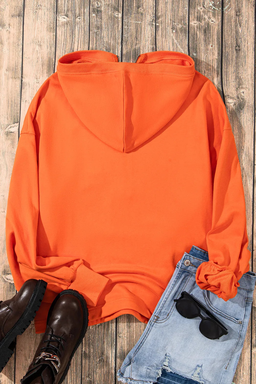 Tops/Sweatshirts & Hoodies Orange Solid Kangaroo Pocket Half Zipper Oversized Hoodie