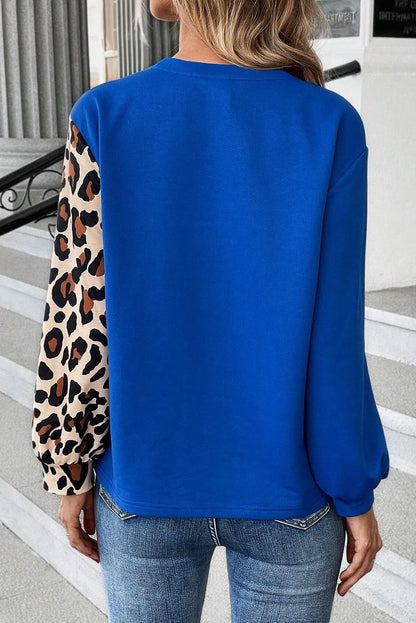 Dark Blue Leopard Print Colorblock Long Sleeve Top - Chic Meadow Boutique 