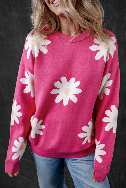 Bright Pink Daisy Flower Crew Neck Long Sleeve Sweater - Chic Meadow Boutique 