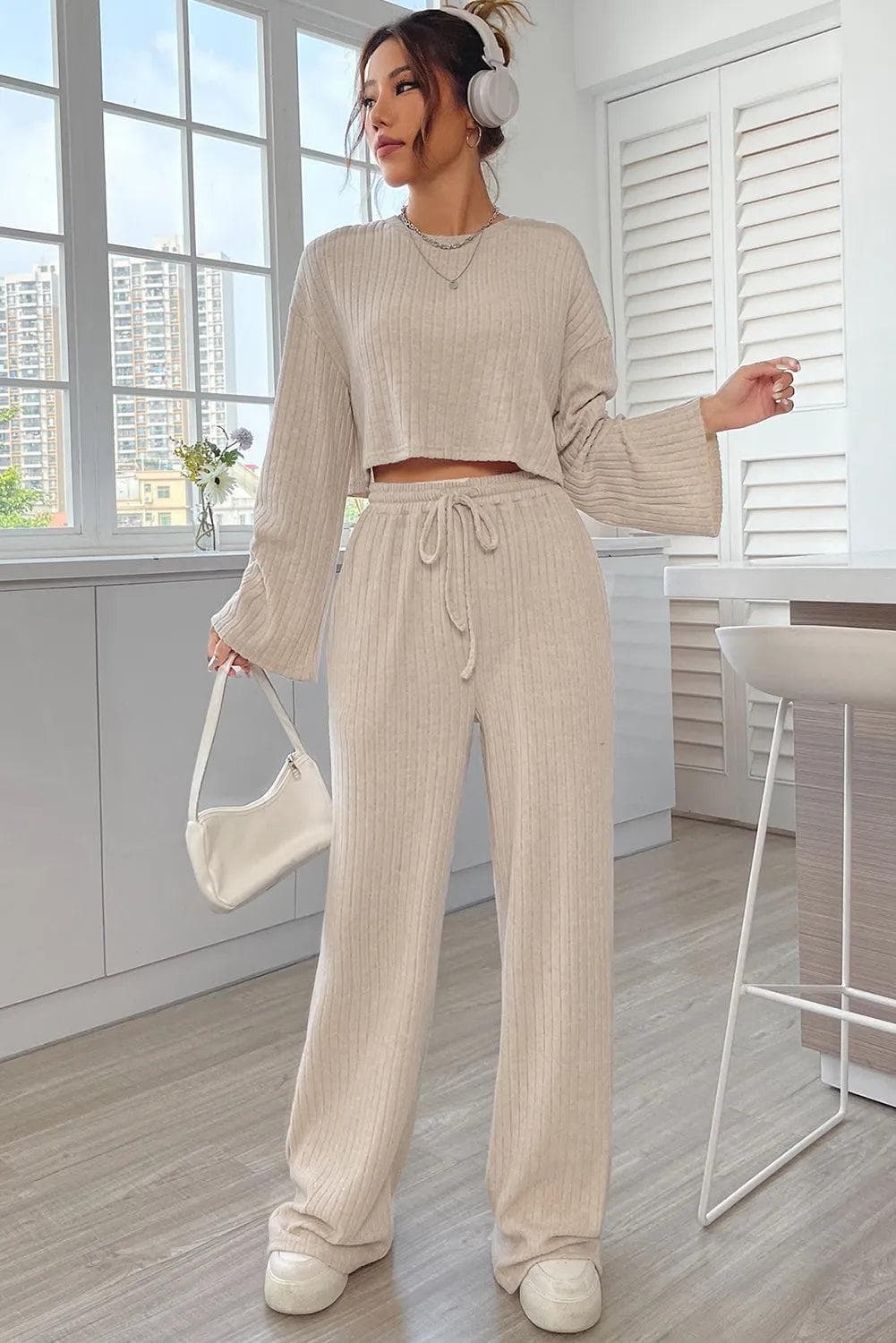 Two Piece Sets/Pant Sets Khaki Ribbed Knit Bell Sleeve Crop Top Drawstring Pants Set