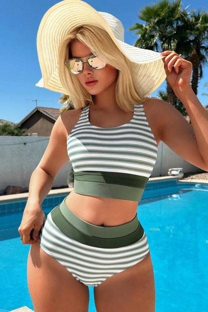 Swimwear/High Waisted Swimsuit White Stripe Zipped Cut out Racer Back High Waisted Bikini