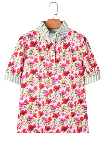 Red Floral Print Striped Patchwork Collared Short Sleeve Blouse