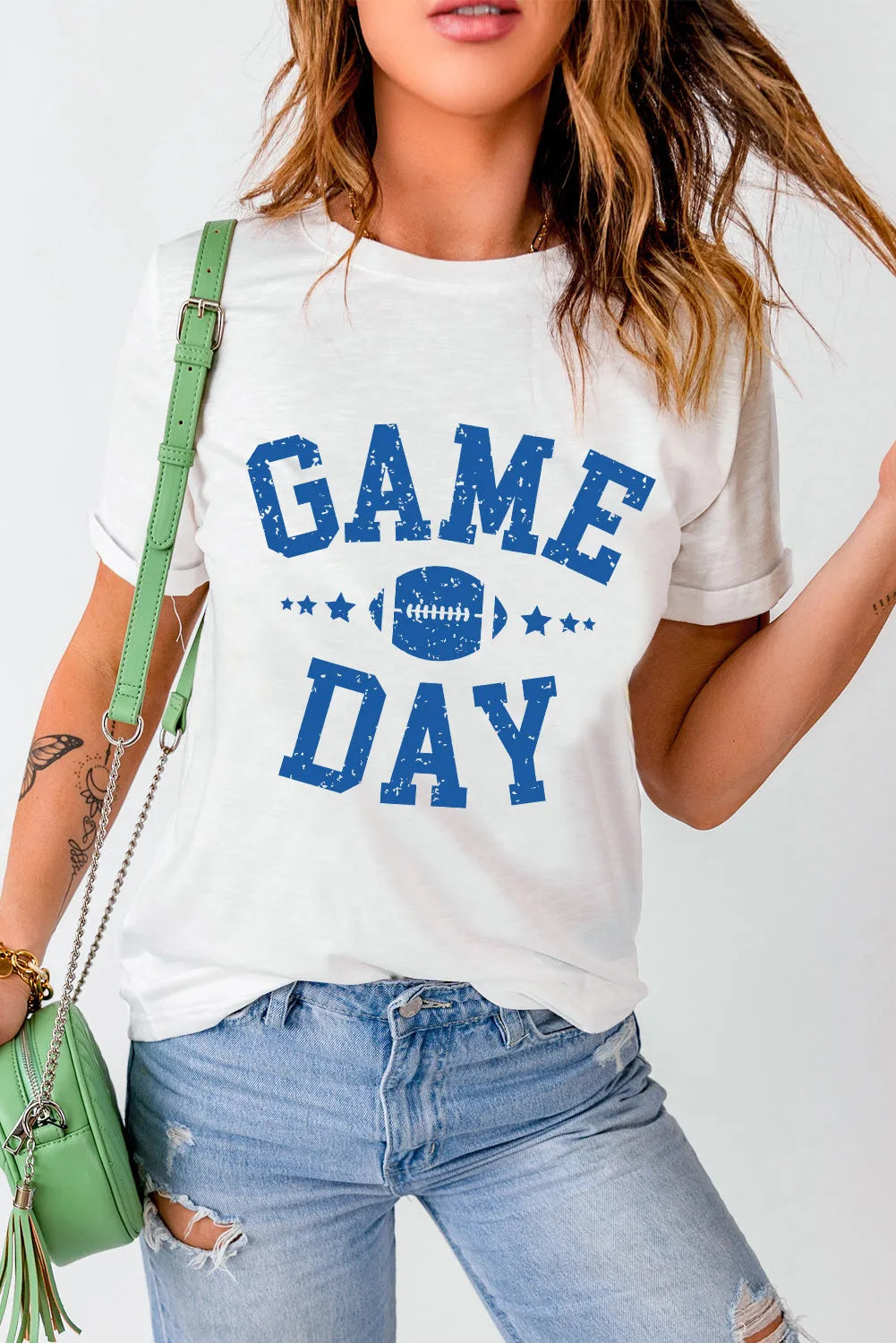 White GAME DAY Rugby Football Graphic Crewneck T Shirt - Chic Meadow Boutique 