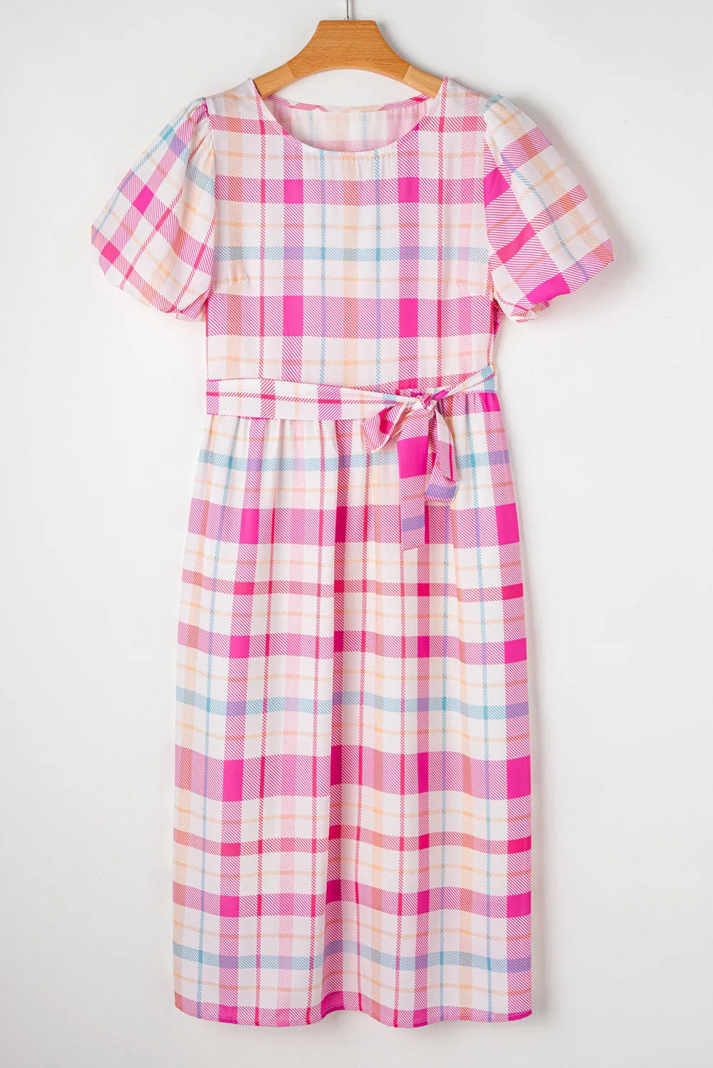 Pink Checkered Puff Sleeve Belted Midi Dress - Chic Meadow Boutique 