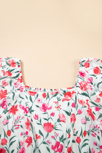 Pink Floral Puff Sleeve Square Neck Empire Waist Tiered Maxi Dress