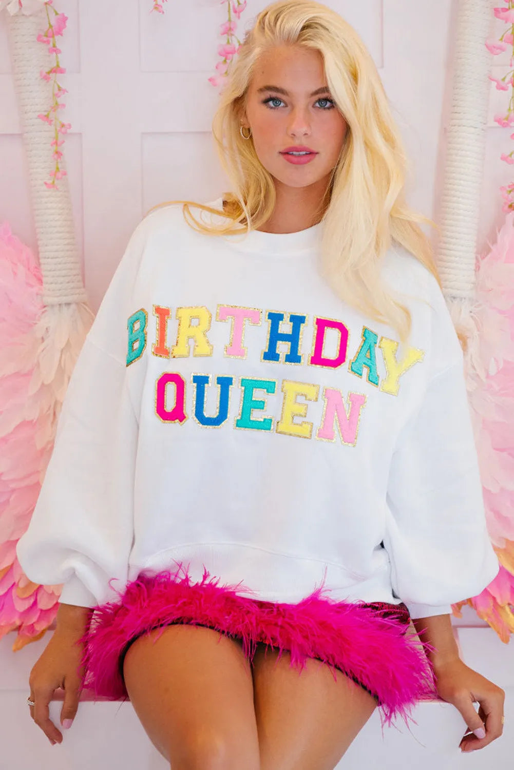 White BIRTHDAY QUEEN Graphic Balloon Sleeve Sweatshirt - Chic Meadow Boutique 