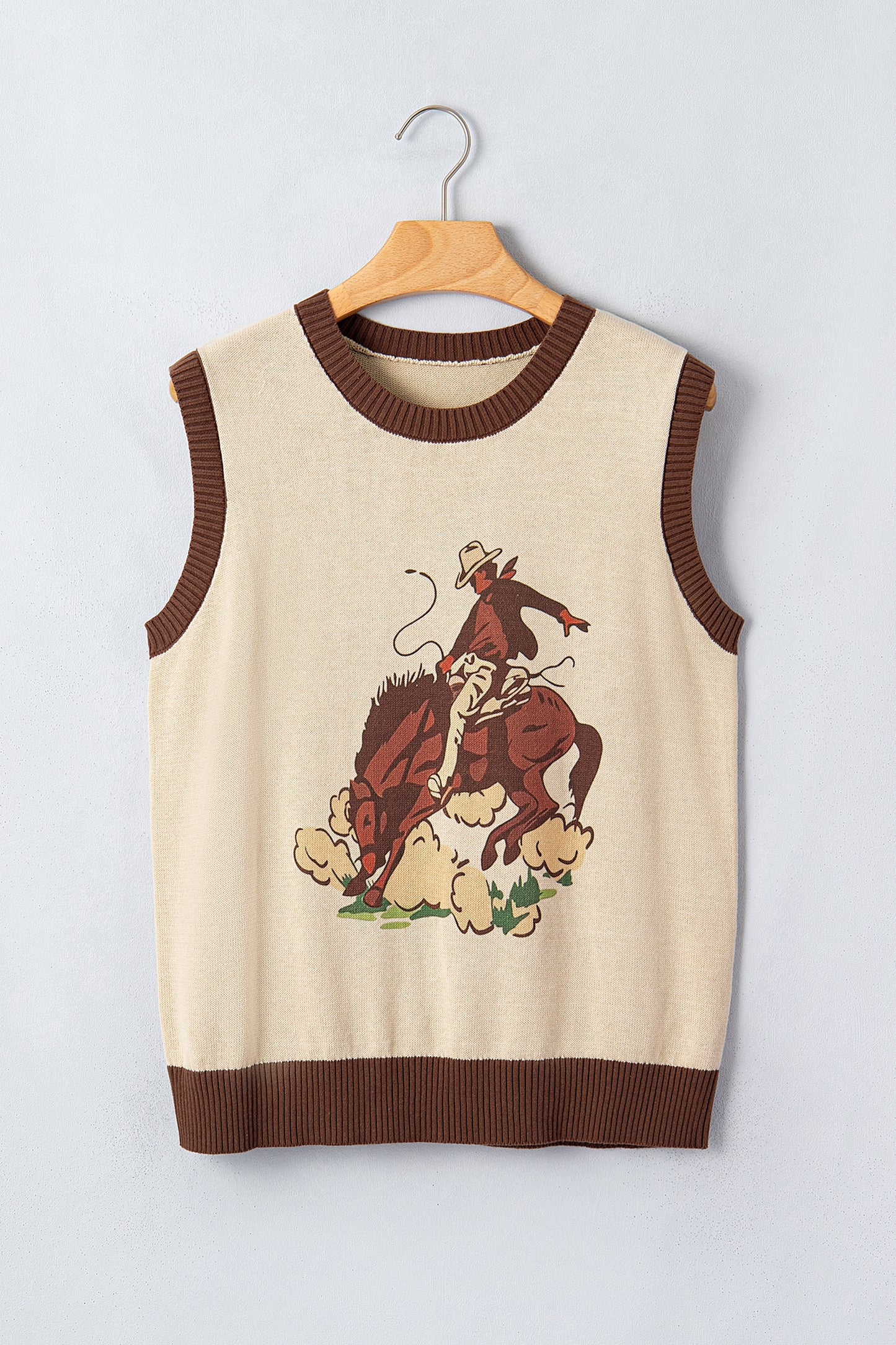 Khaki Western Print Colorblock Trim Sleeveless Knitwear Vest