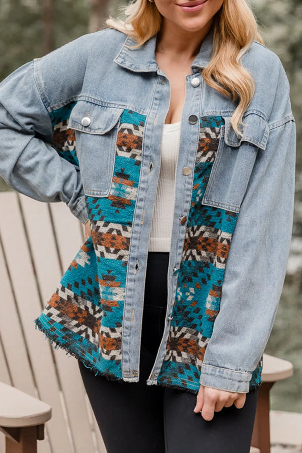 Blue Aztec Printed Denim Jacket - Chic Meadow Boutique 