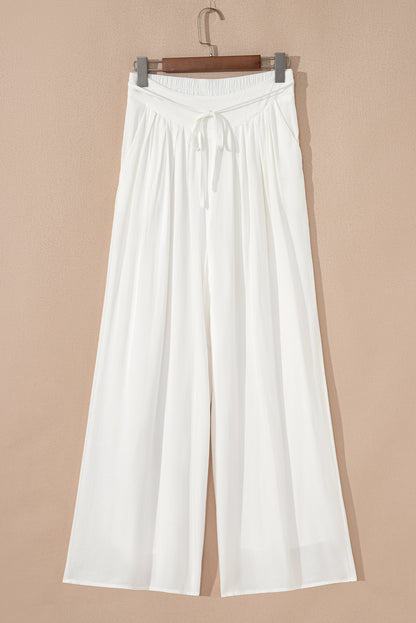 White Solid Drop Waist Pleated Wide Leg Casual Pants