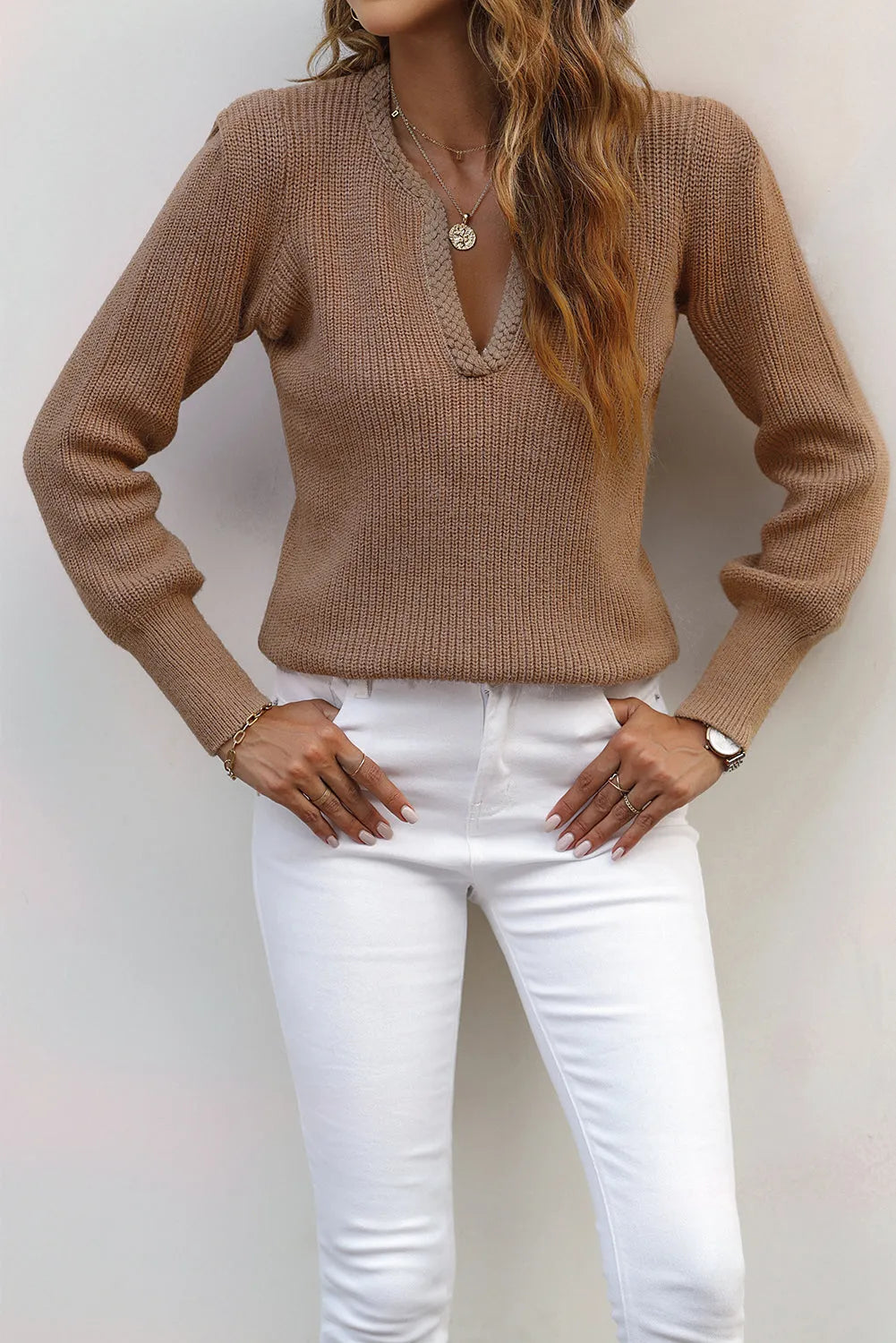 Brown Braided Notched V Neckline Puff Sleeve Knitted Sweater - Chic Meadow Boutique 