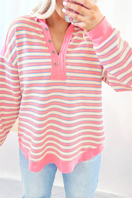 Pink Stripe Buttoned V Neck Collared Drop Shoulder Top