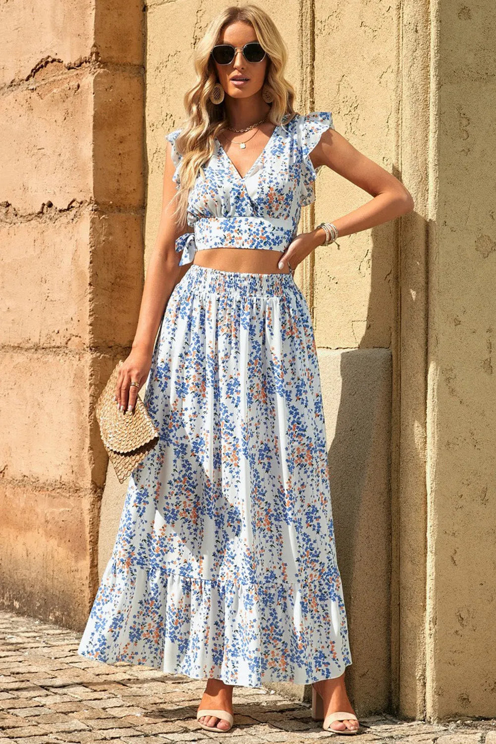 White Floral Ruffled Crop Top and Maxi Skirt Set - Chic Meadow Boutique 