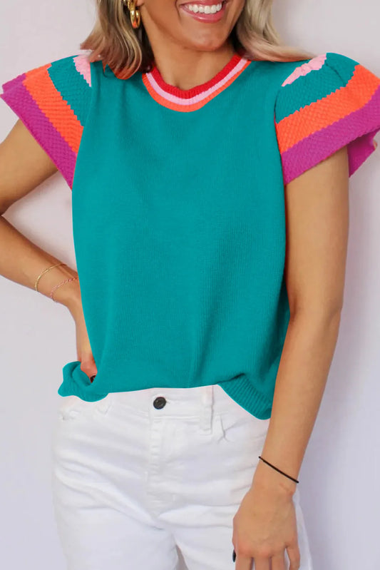 Turquoise Contrast Flutter Sleeves Knitted Sweater T Shirt - Chic Meadow Boutique 