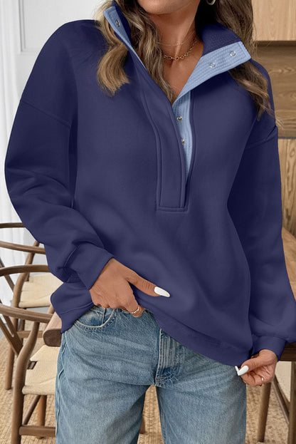 Dirty blue Drop Shoulder Metal Button Casual Pullover Sweatshirt