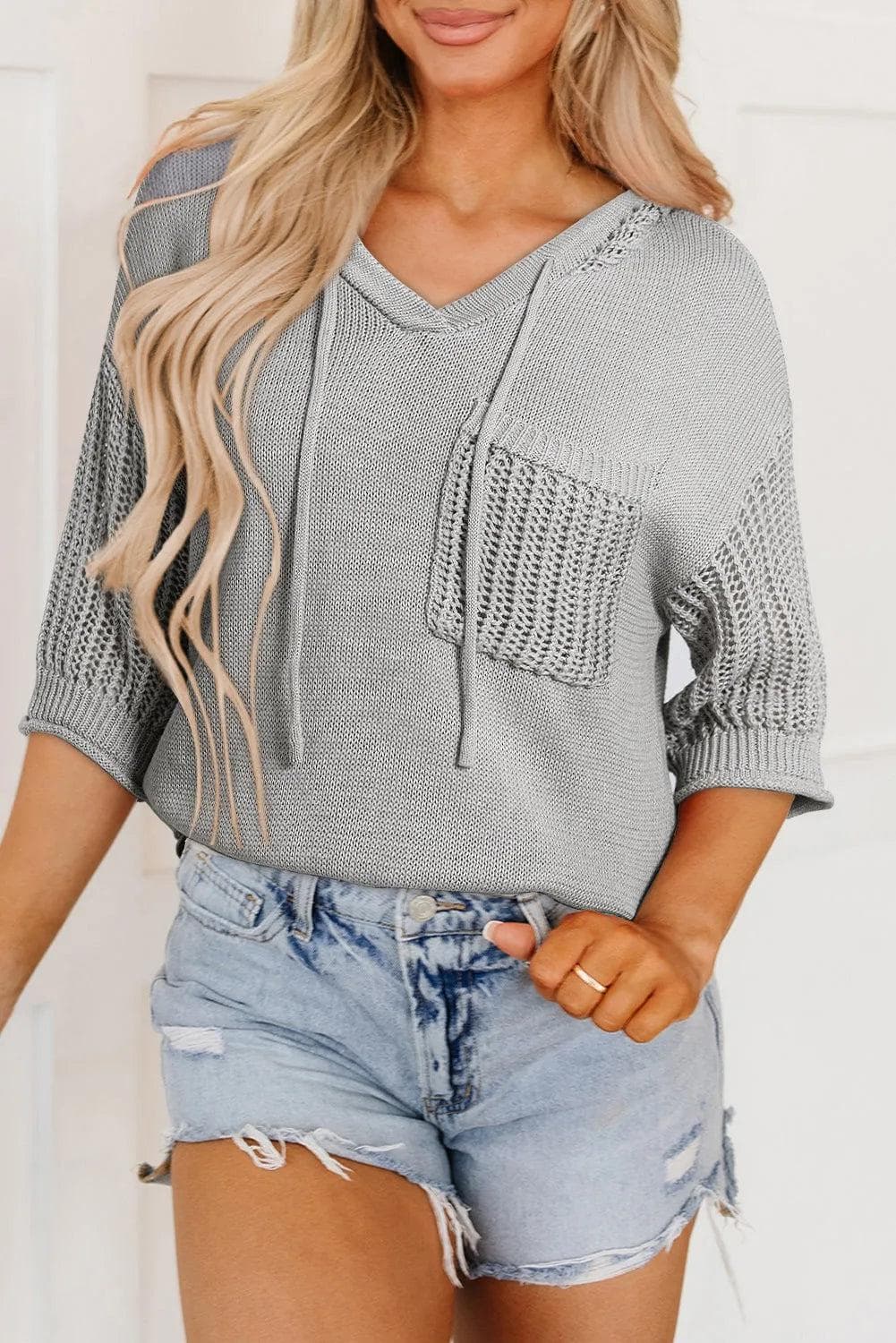 Sweaters & Cardigans/Short Sleeve Sweaters Light Grey Openwork Drawstring Hooded Short Sleeve Sweater Top