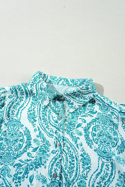 Green Paisley Print Smocked Cuff Buttoned Loose Shirt - Chic Meadow Boutique 