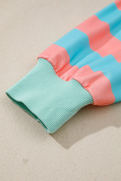 Pink Stripe Colorblock Drop Shoulder Buttoned Collar Side Slit Pullover Top
