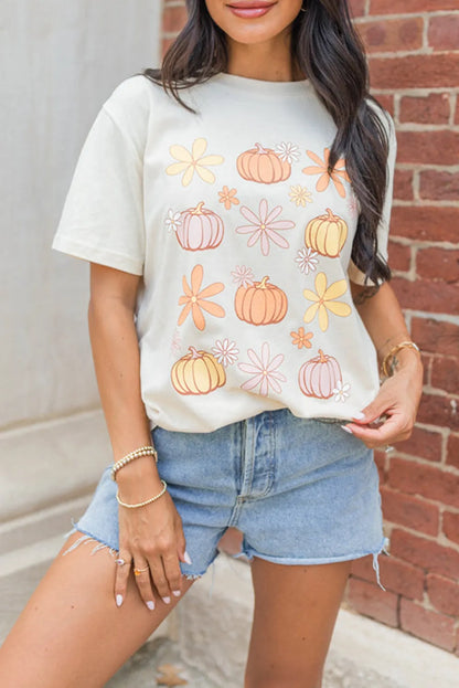 White Floral Pumpkin Graphic Crewneck Halloween T Shirt - Chic Meadow Boutique 