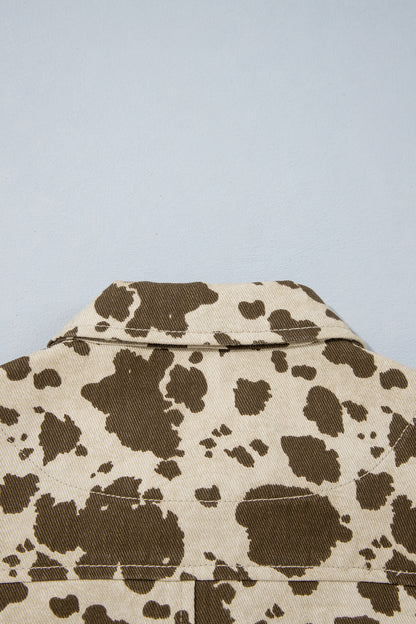 Brown Western Cow Print Cargo Pocket Denim Jacket