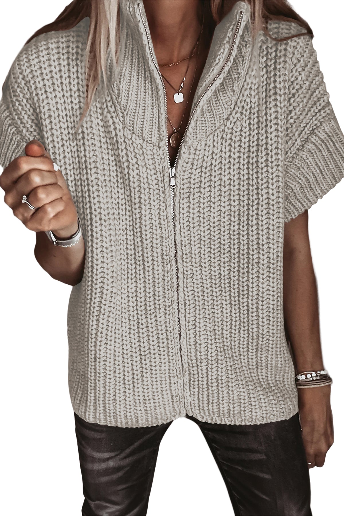 Jet Stream Solid Color Short Sleeve Zipper Knit High Neck Sweater