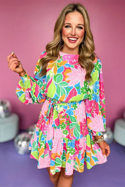 Green Multicolor Botanical Bubble Sleeve Mini Dress - Chic Meadow Boutique 