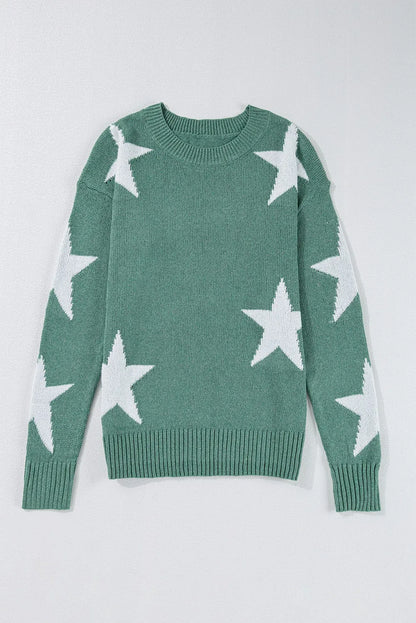 Green Star Pattern Drop Shoulder Sweater - Chic Meadow Boutique 