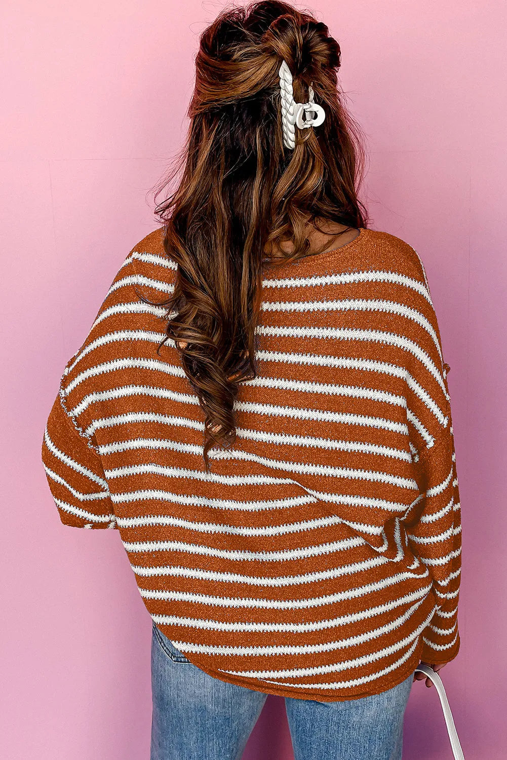 Brown Stripe Drop Shoulder Casual Sweater - Chic Meadow Boutique 