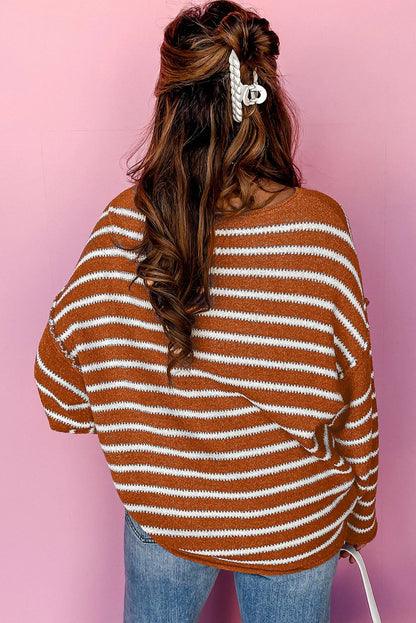 Brown Stripe Drop Shoulder Casual Sweater - Chic Meadow Boutique 