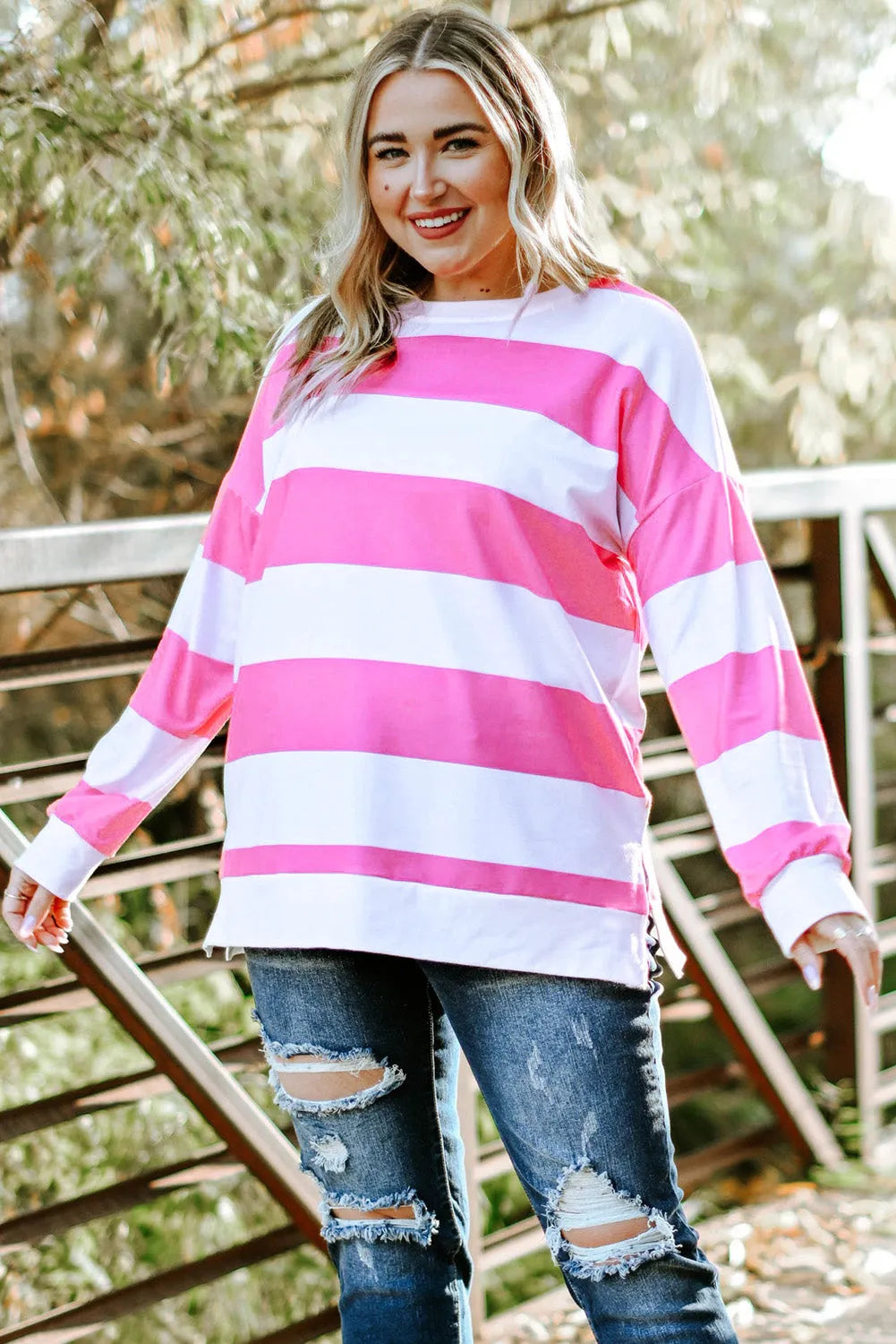 Pink Striped Side Slit Plus Size Sweatshirt - Chic Meadow Boutique 