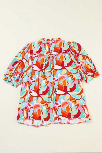 Rose Red Abstract Print Drawstring V Neck Half Sleeve Blouse - Chic Meadow Boutique 