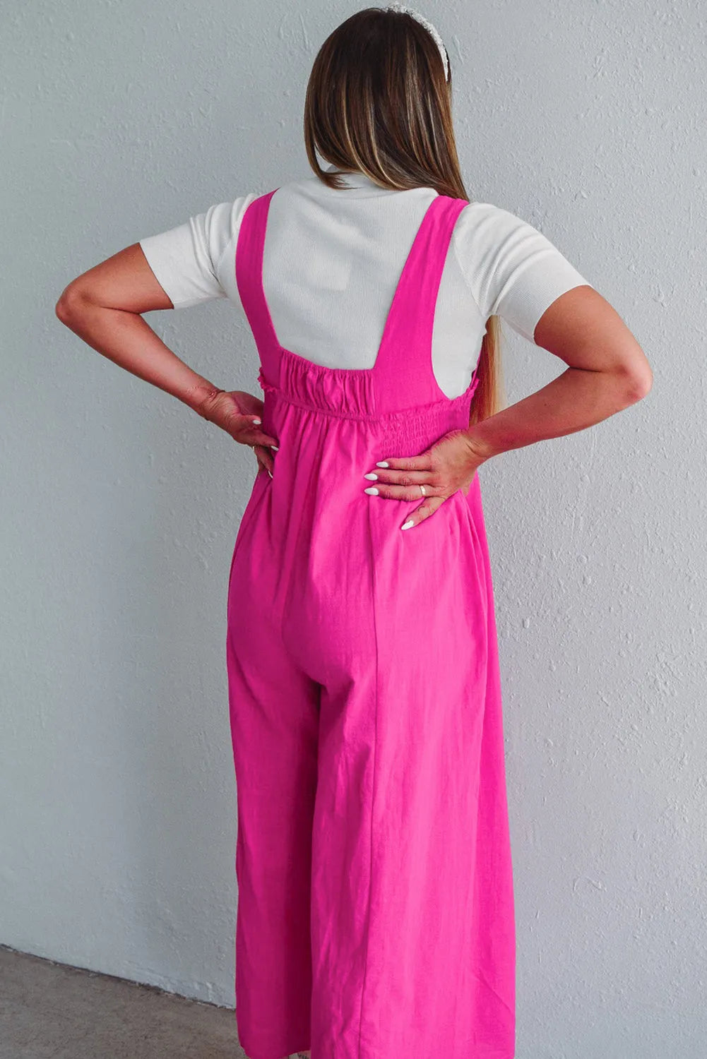 Strawberry Pink Wide Straps Smocked Detail Wide Leg Overalls - Chic Meadow Boutique 