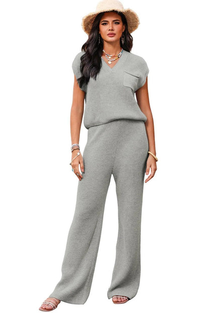 Two Piece Sets/Pant Sets Gray Knitted V Neck Sweater and Casual Pants Set