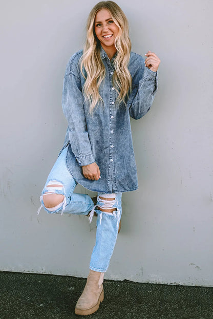 Sky Blue Vintage Washed Chest Pocket Denim Shirt - Chic Meadow Boutique 