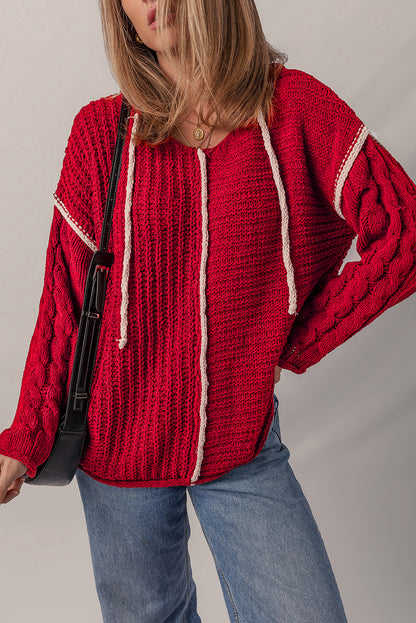 Racing Red Color Contrast Trim Textured Knit Drawstring Hooded Sweater