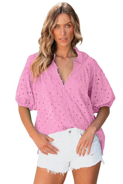 Bonbon Flower Embroidered Hollow-out Puff Sleeve Blouse - Chic Meadow Boutique 