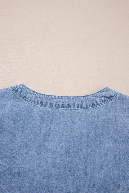 Myosotis Pintuck Pleats Puff Sleeve Split V Neck Summer Denim Top