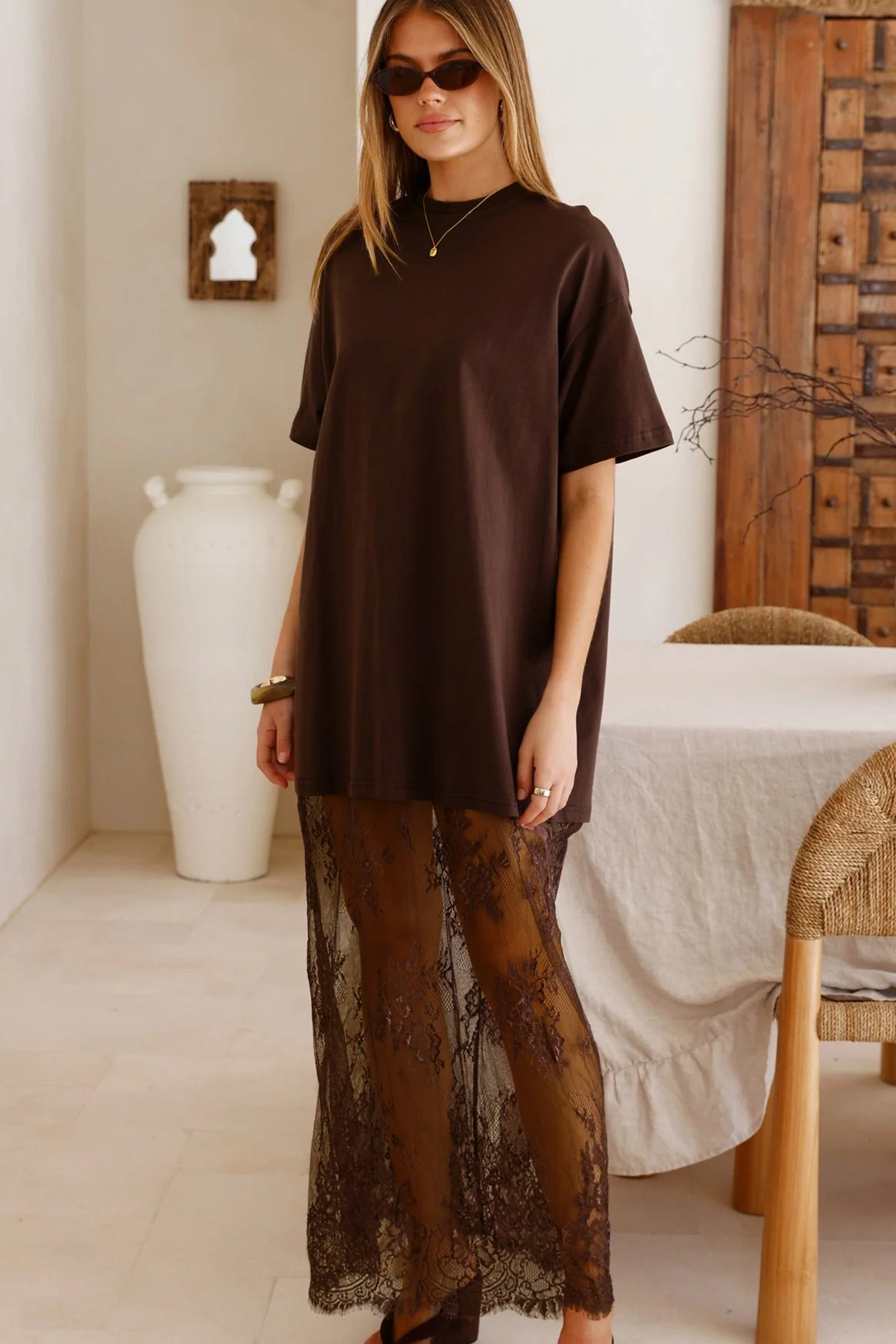 Red Sandalwood Floral Patchwork Short Sleeve T Shirt Loose Maxi Dress