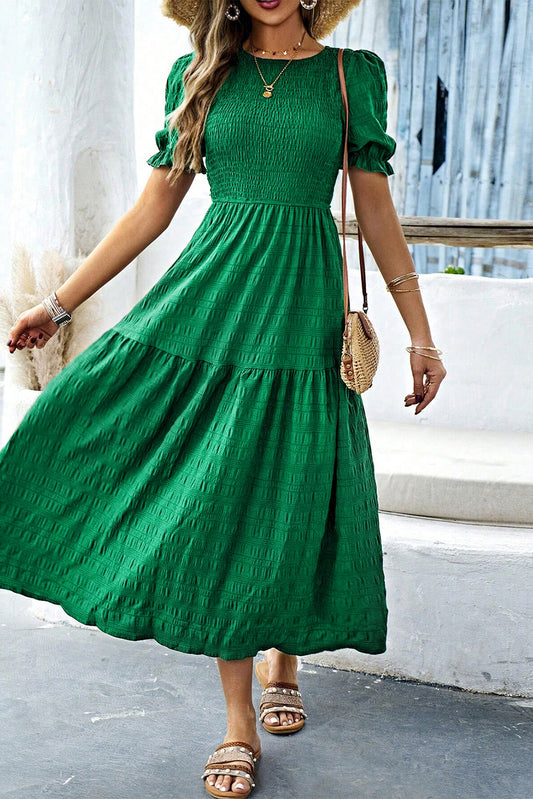 Dark Green Solid Textured Smocked Puff Short Sleeve High Waist Long Dress