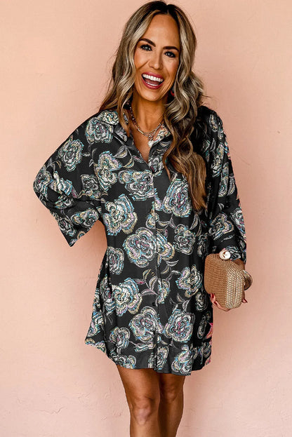 Black Floral Print Lapel Collar Loose Shirt Mini Dress - Chic Meadow Boutique 